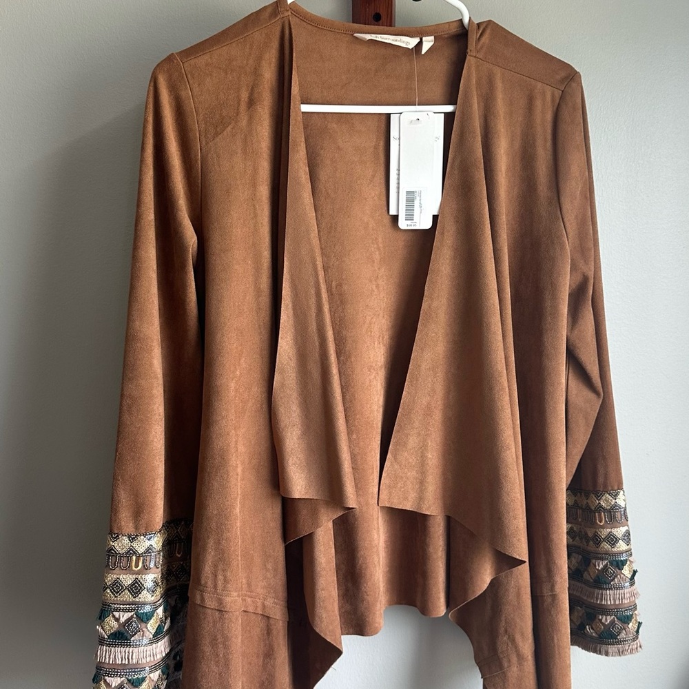 Soft Surroundings Brown Cardigan with Embroidered Sleeves
